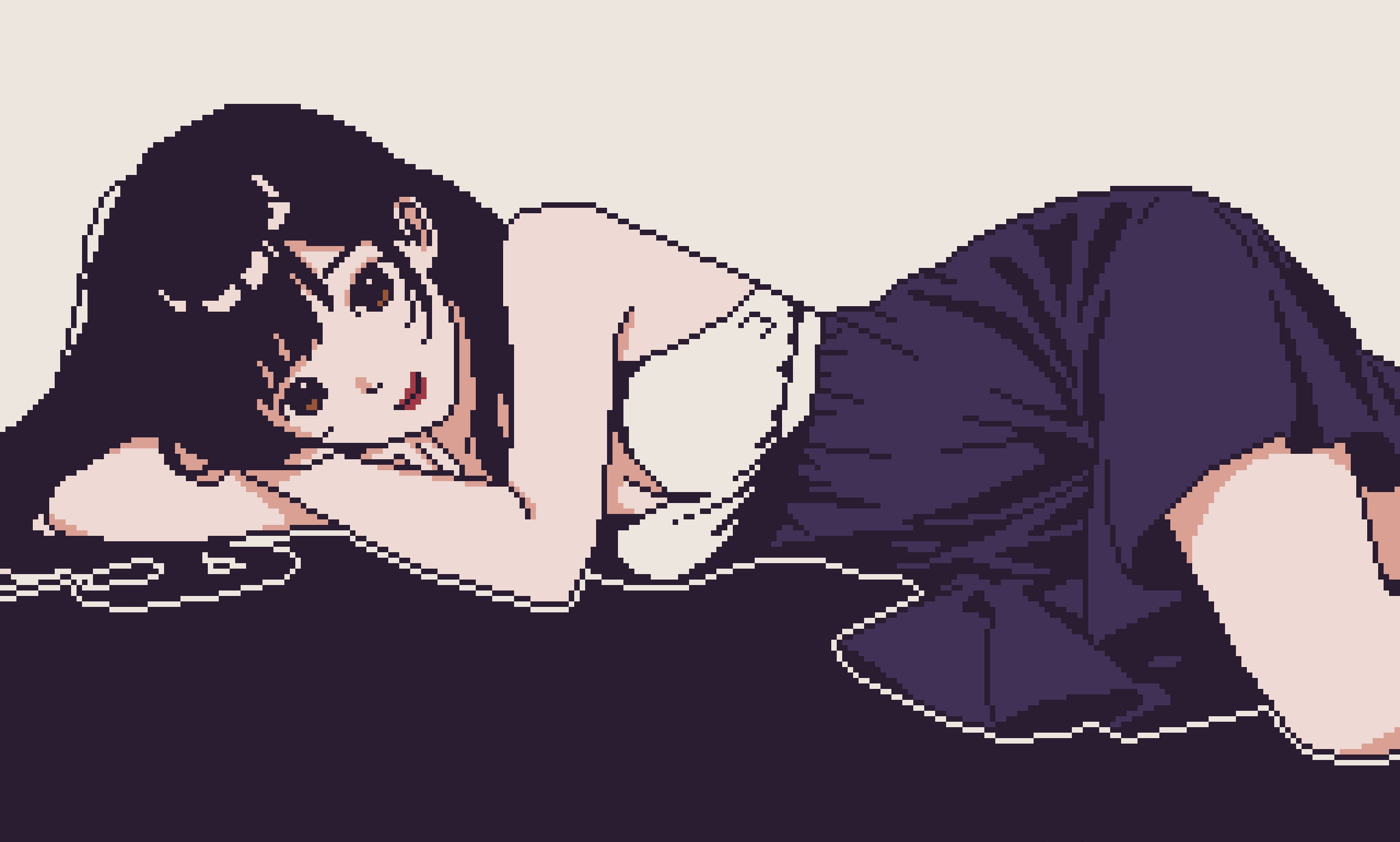 Pixel art of a dark-haired girl lying on a plum-coloured bed, resting her head on her arms